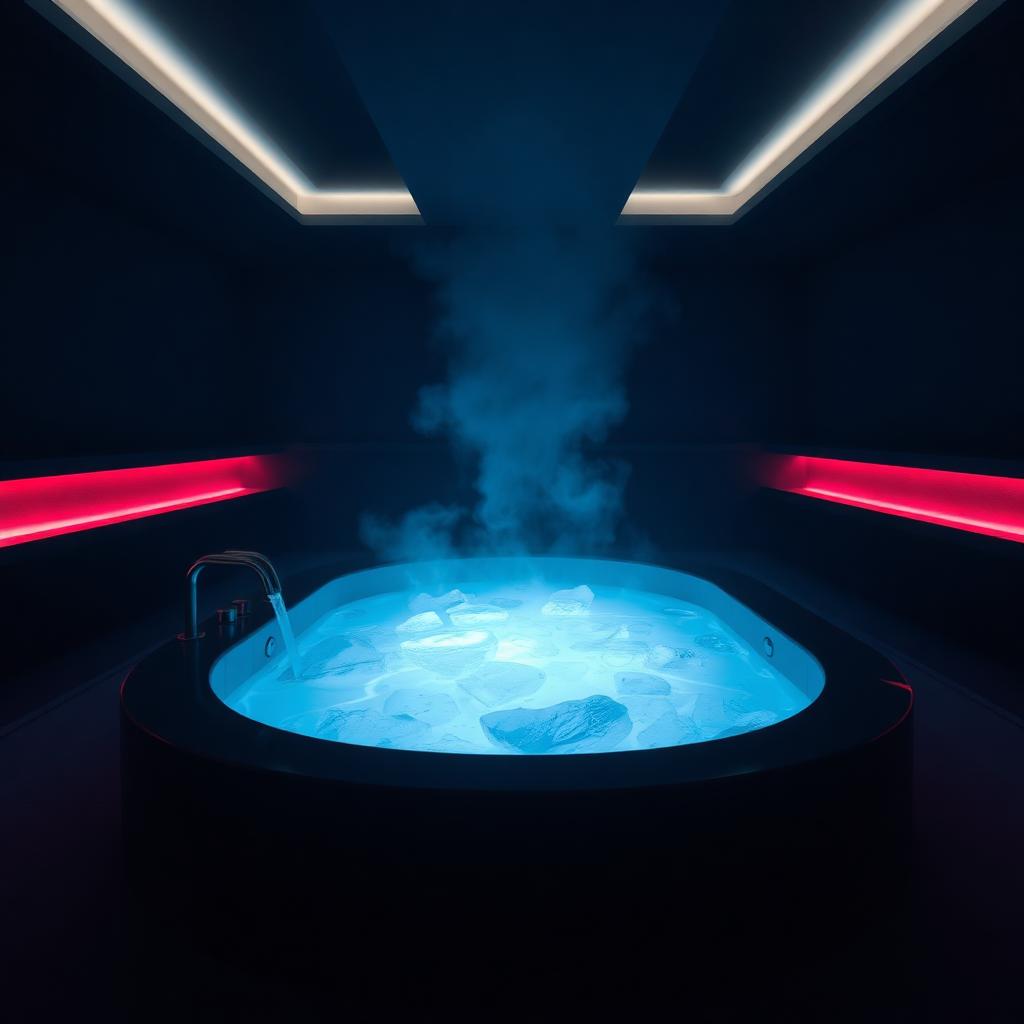 Cold plunge ice bath tub with icy water in a dim wellness studio